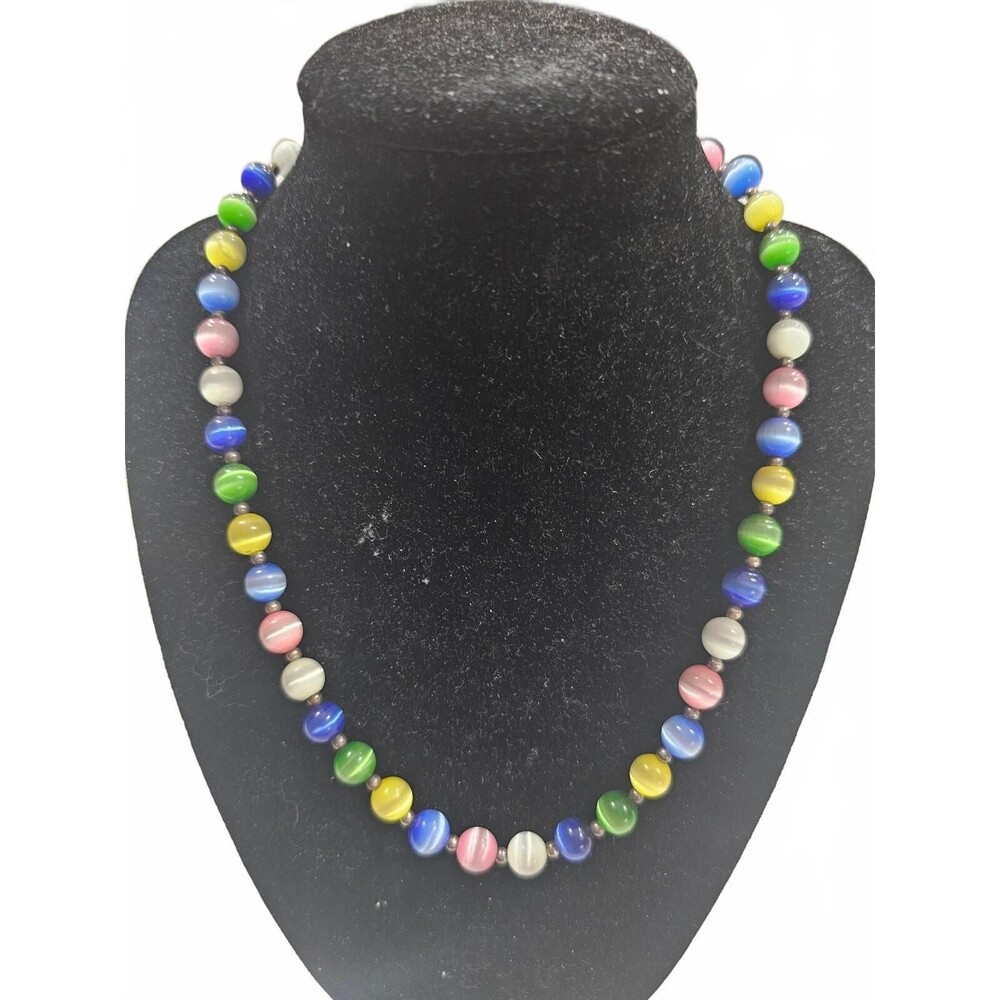 Vintage Jordan Sterling Silver Multicolor Cats Eye Beaded Necklace 18-20"